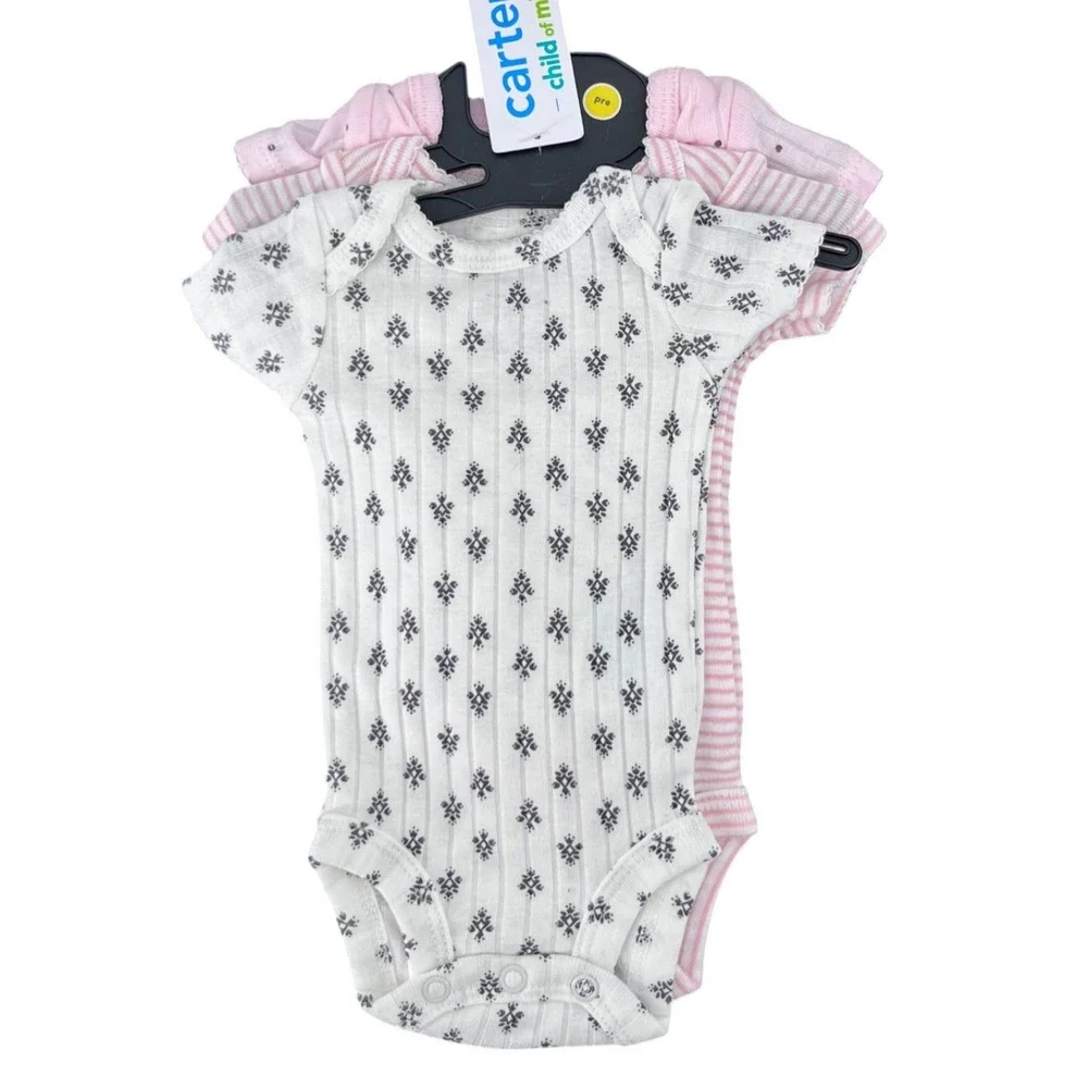 Carter's Bodysuit Baby Girl Preemie Pink White 3 Pack Ribbed Floral Stripes Snap